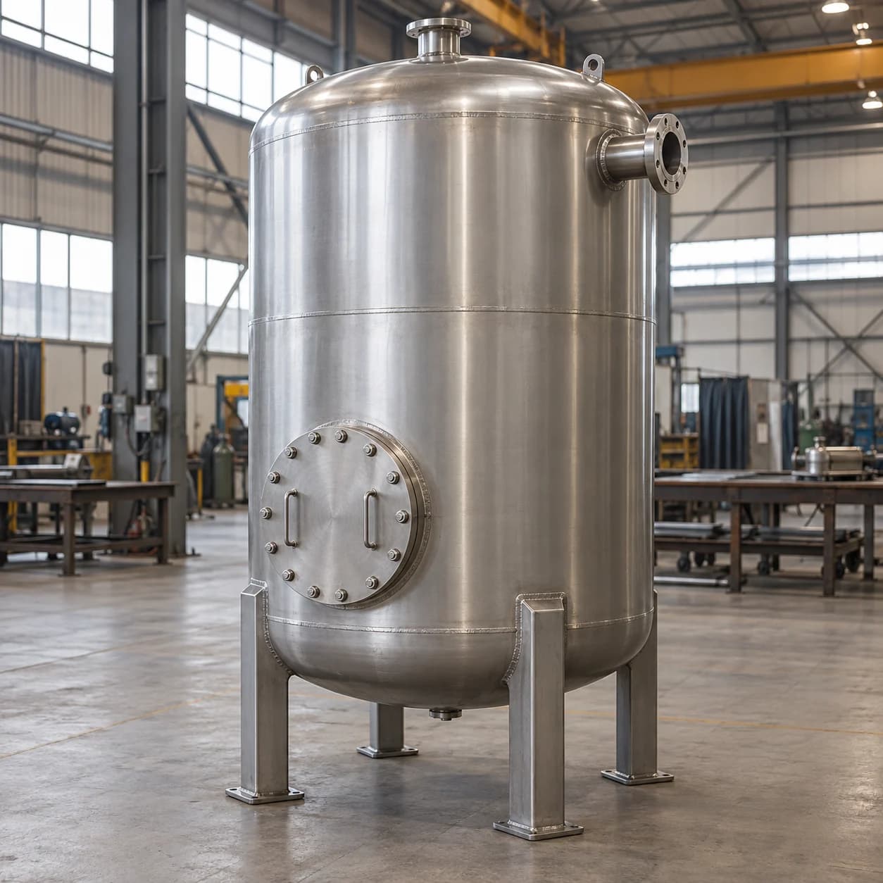 Imagem ilustrativa de tanque industrial em aço inox, com conexões flangeadas e boca de inspeção